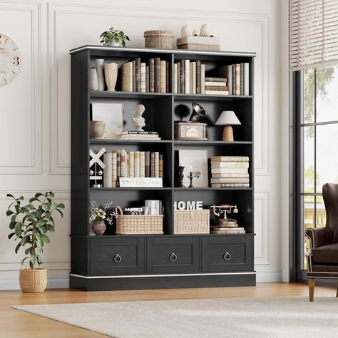 47" Wide Bookcase with Drawers, 5 Tier Book Shelves with Storage, Large Display Shelves, 63" Tall Shelves With Drawers, Shelves With Storage, Bookshelf With Storage, Farmhouse Bookshelf, Tall Bookshelf, Wide Bookcase, Bookcase With Drawers, Black Bookcase, Tall Bookshelves