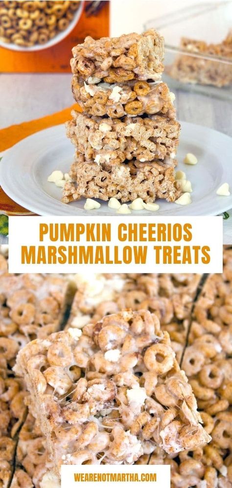 Cheerios Marshmallow Treats, Cheerios Treats, Pumpkin Cheerios, Cheerio Treats, Pumpkin Spice Cheerios, Marshmallow Treats Recipe, Cheerios Recipes, Rice Krispies Treats, Seasonal Desserts