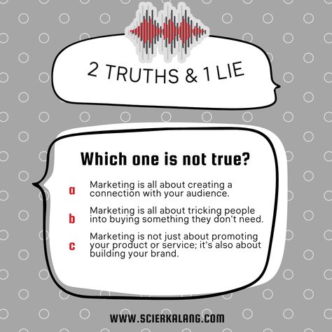 Here are 2 truths & 1 lie related to marketing 🤔 Let us know which one is a lie; A,B, or C 🗳️ Follow us for more useful Marketing content 📚 Learn more: www.scierkalang.com #digitalmarketing #contentcreator #socialmediamarketing #businessgrowth #brandbuilding 2 Truths And 1 Lie, Marketing Content, Brand Building, Build Your Brand, Business Growth, Content Creator, Party Games, Content Marketing, Social Media Marketing