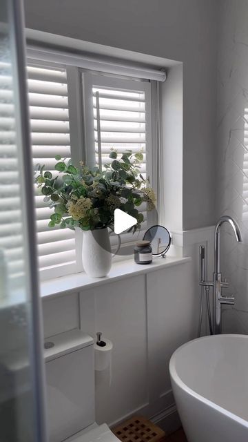 White Window Shutters Indoor, Shutters In Bathroom, Bathroom Blinds Ideas, White Shutter Blinds, Shutters With Curtains, Blinds 2go, Indoor Shutters, White Shutters, Bathroom Blinds