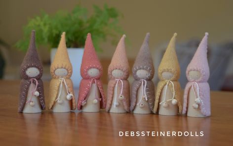 Hand dyed Earth toned peg gnomes Peg Gnomes, Felt Gnomes, Rainbow Family, Rainbow Springs, Wood Peg Dolls, Peg People, Nature Table, Spring Pastels, Small World Play