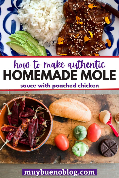 Homemade Mole Sauce: Learn how to make authentic homemade mole sauce with poached chicken for dinner. THis is loaded with diced tomatoes, tomatillos, peppers, chocolate and more. The ultimate Mexican cuisine to make at home. Mole Sauce Authentic, Mole Recipe Mexican Authentic, Easy Mole Sauce, Mole Enchiladas Recipe, Mole Recipe Mexican, Mexican Chicken Mole, Mexican Mole Sauce, Chicken Mole Recipe, Bueno Recipes