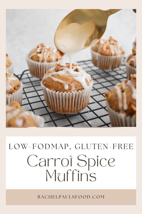 Low-FODMAP & Gluten-free Carrot Spice Muffins | Rachel Pauls Food Fodmap Muffin Recipes, Low Fodmap Recipes Breakfast, Carrot Spice Muffins, Fodmap Sweets, Oatmeal Raisin Muffins, Fodmap Desserts, Low Fodmap Vegetables, Fodmap Food, Fodmap Breakfast