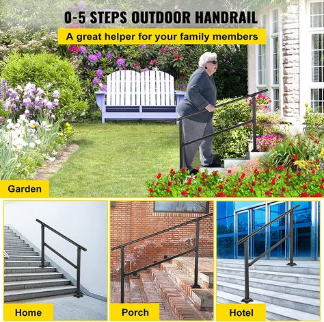 Fit for 1 to 4 Steps: Max. Height for Steps: 34''/ 87.1 cm. Due to the 0-50 degrees adjustable frame, this outdoor stair railing is suitable for 1 to 4 steps handrails and is also suitable for horizontal surfaces and various stairs. It is perfect for helping people keep balance on a rainy or snowy day and avoid skidding. Exterior Stair Railing, Exterior Handrail, Deck Stair Railing, Stair Railing Kits, Outdoor Handrail, Outdoor Stair Railing, Wrought Iron Stair Railing, Wrought Iron Handrail, Iron Handrails