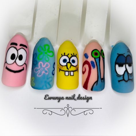 Spongebob Nails Designs, Spongebob Nails, Cartoon Nail Designs, Character Nails, Acrylic Nails Almond Shape, Disney Acrylic Nails, Nail Drawing, Anime Nails, Beauty Nails Design