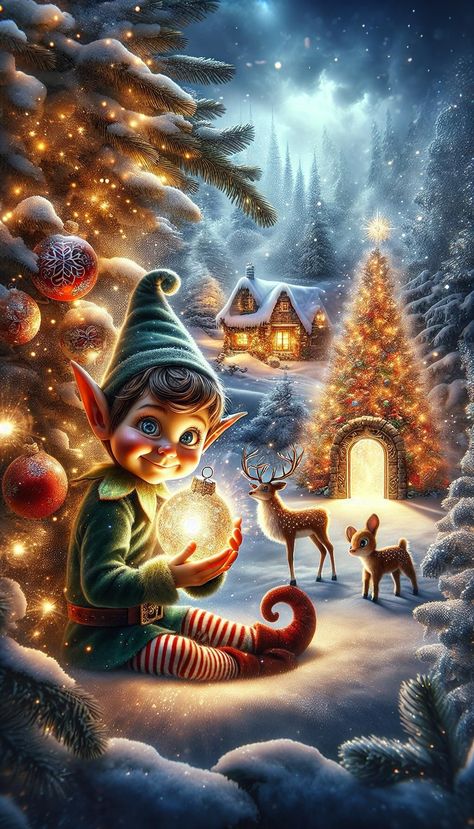 A cheerful elf holds a glowing ornament in a snowy landscape, with a decorated tree and cozy cabin nearby, accompanied by deer. Fantasy Christmas Art, Fantasy Christmas, Enchanted Christmas, Trendy Christmas Outfits, Christmas Elves, Snowy Landscape, Easy Christmas Decorations, Magical Christmas, Cozy Cabin