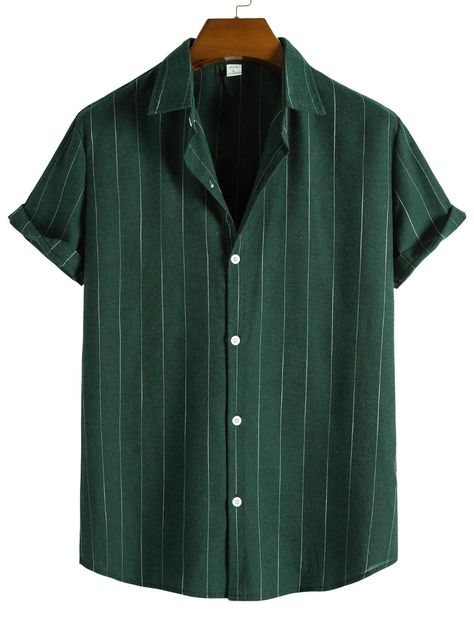 Men's Fashion Casual, Casual Trends, Striped Short Sleeve Shirt, Mens Short Sleeve Shirt, Mens Button Up, Striped Sleeve, Green Shirt, Mens Green, Striped Shorts