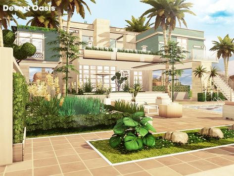 Pralinesims' Desert Oasis Oasis House Sims 4, Sims Freeplay Desert House, Desert Home Sims 4, Sims 4 Desert House, Sims 4 Desert Mansion, Oasis Spring House Sims 4, Lotes The Sims 4, The Sims 4 Lots, Desert Oasis