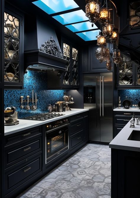 Lacquered Cabinets, Gothic Kitchen Ideas, Dark Kitchen Ideas, Countertops Black, Goth Kitchen, Gothic Kitchen, Gothic Interior, Black Granite Countertops, Black Countertops