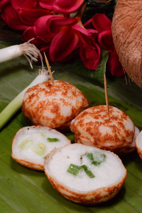 Laotian coconut cakes called kanom krok are a beloved street food there.  We made them to be our dessert for the Laotian meal which failed on the first try.  They burned on the outside and would not cook on the inside.  I was using a abelesk pan as opposed to a kanom krok cast iron...Read More » Cambodian Desserts, Laos Desserts, Coconut Cakes, Cambodian Food, Khmer Food, Laos Food, Thailand Food, Thai Dessert, Asian Desserts