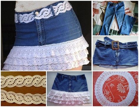 Every woman has jeans in her closet, but when the jeans are out of trend, or worn out, what are you going to do? If you want to recycled jeans, maybe you can remake them into other clothing items. This is a easy project for you, and definitely an excellent choice to reuse it. Lace Diy Denim Skirt, Diy Clothes Refashion, Moda Denim, Blue Jeans Crafts, Crochet Skirts, Denim Ideas, Recycled Jeans, Diy Fashion Clothing, Denim Crafts