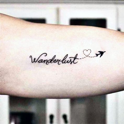 Plane Tattoos Women, Airplane Travel Tattoo, Plane Tattoo With Quote, Tattoo Ideas Female Airplane, Infinity Airplane Tattoo, Wonderlust Small Tattoo, Tattoos Elbow, Traveling Tattoo, Wanderlust Tattoos