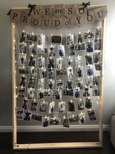 Picture Wall Ideas For Party, Office Anniversary Decoration Ideas, Photo Wall For Party, Graduation Party Photo Display, Party Photo Display, Graduation Picture Display, Hanging Wall Art Diy, Graduation Photo Displays, Farewell Party Decorations