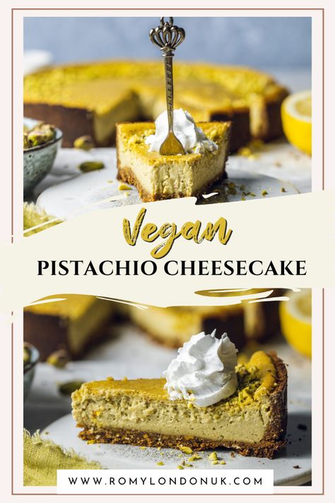 A vegan cheesecake full of nutty flavours! This vegan pistachio cheesecake is perfect for any occasion - made with a nutty pistachio, oat and date base and filled with a wonderfully smooth and creamy pistachio cheesecake filling, baked to perfection! #pistachio #cheesecake #veganbaking Vegan Pistachio Cheesecake, Pistachio Dessert Vegan, Vegan Pistachio Recipes, Lactose Free Cheesecake, Vegan Pistachio Cake, Pistachio Cheesecake Recipe, Pistachio Filling, Vegan Pistachio, Tarte Vegan