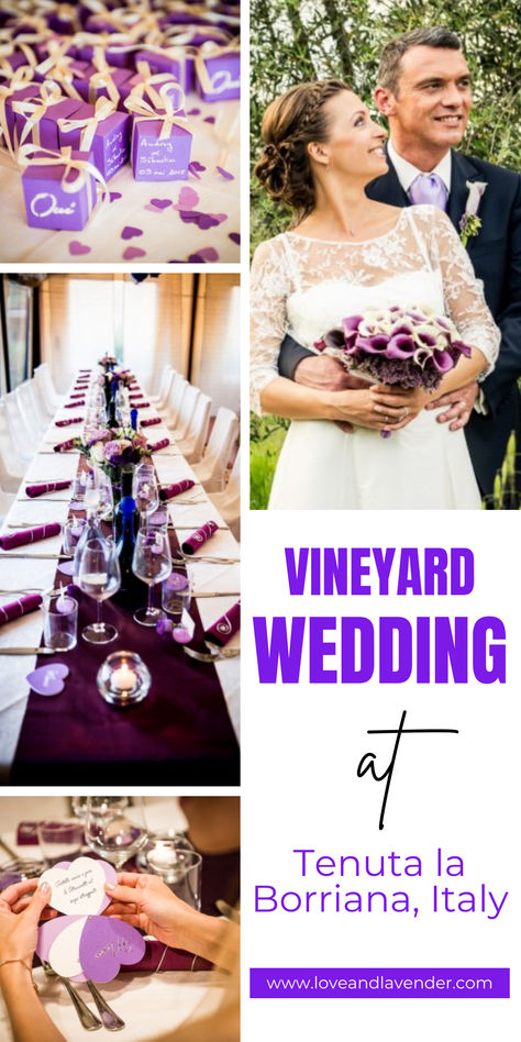 🍇✨ Say “I do” amidst the breathtaking vineyards of Tenuta la Borriana, Italy! This enchanting venue offers a romantic backdrop of lush vines and rolling hills, perfect for a dreamy vineyard wedding. Imagine exchanging vows surrounded by nature’s beauty, followed by a celebration filled with fine wine and delicious Italian cuisine. Get inspired by this picturesque setting for your own unforgettable day! 🇮🇹❤️ #VineyardWedding #ItalianLove #WeddingInspiration Colour Wedding Theme, Purple Wedding Colors, Romantic Vineyard Wedding, Lavender Centerpieces, Villa In Italy, Plum Bridesmaid, Colour Wedding, Plum Bridesmaid Dresses, A Perfect Marriage