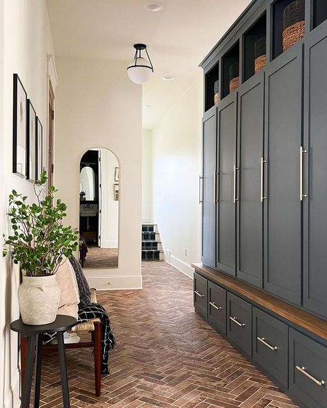 DIY Mudroom Reveal: Enclosed Lockers with shoe drawers  —Reflective Redesign Mudroom Cubby Ideas, Enclosed Mudroom, Shoe Drawers, Brick Style Tiles, Entry Way Lockers, Mudroom Addition, Mudroom Cubbies, Homework Room, Diy Locker