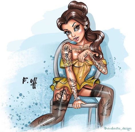 Pin Up Girl Tattoos, Disney Gone Bad, Punk Disney Princess, Emo Disney, Dark Disney Princess, Dark Disney Art, Goth Disney Princesses, Beauty And The Beast Tattoo, Beauty N The Beast