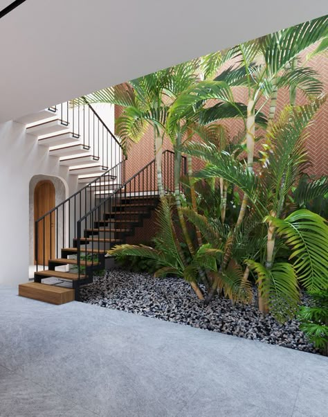 Center Courtyard House, Staircase Landscape, Stair Garden, Internal Garden, Center Courtyard, Staircase Living Room, تحت الدرج, Kovalam, Tropical House Design