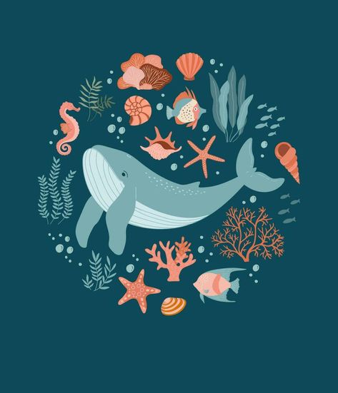 World ocean day poster. Set with hand drawn whale and sea life elements. Beautiful underwater world in flat style. Marine objects, summer print. Fish, jellyfish, shells, seaweed and corals. World Ocean Day Poster, Ocean Day Poster, Toucan Illustration, Marine Day, World Ocean Day, Toucan Art, Beautiful Underwater, Ocean Illustration, Rajasthani Art