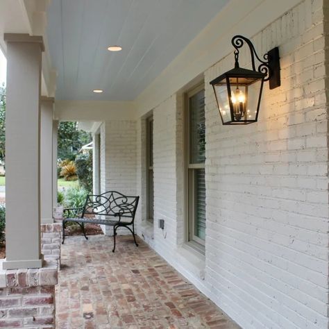 White Brick Exterior - Photos & Ideas | Houzz White Stain Brick Exterior, Brick Half Wall Exterior, White Brick Brown Trim, White Washed Brick House, White Brick Farmhouse Exterior, White Brick Ranch House Exterior, Brick Ranch House Exterior, Stone And Brick House Exterior, White Brick House Exterior