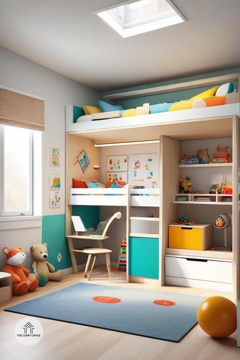 Are you worried about fitting everything in your child's room? I know how challenging it can be! That's why I’ve gathered some creative space-saving furniture ideas just for you. Discover multifunctional pieces that help you make the most of every corner while keeping your child's space vibrant and inviting. Let’s explore these smart solutions together!#KidsRoom #SpaceOptimization #HomeDecor #FurnitureSolutions #SmallSpaces Studio Bunk Bed Space Saving, Space Saver Kids Bed, Bespoke Loft Bed, Small Kids Rooms, Childs Bed And Desk, Simple Loft Bed With Lounge Under, Comfy Space, Small Kids Room, Small Kids