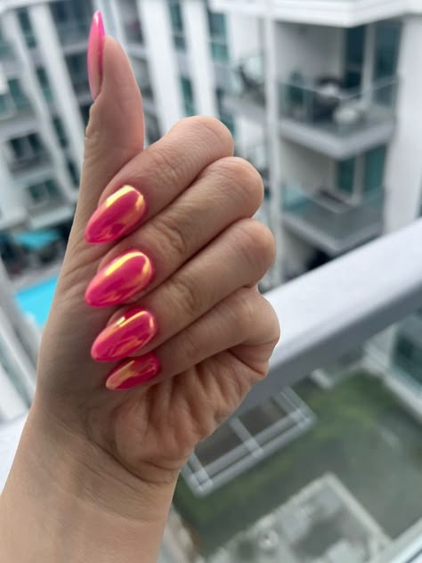 hot pink chrome nails summer 2023 nails Pink Nails With Orange Chrome, Watermelon Chrome Nails, Pink And Orange Chrome Nails, Strawberry Chrome Nails, Cuba Nails, Coral Chrome Nails, Hot Pink And Orange Nails, Neon Chrome Nails, Hot Pink Chrome Nails