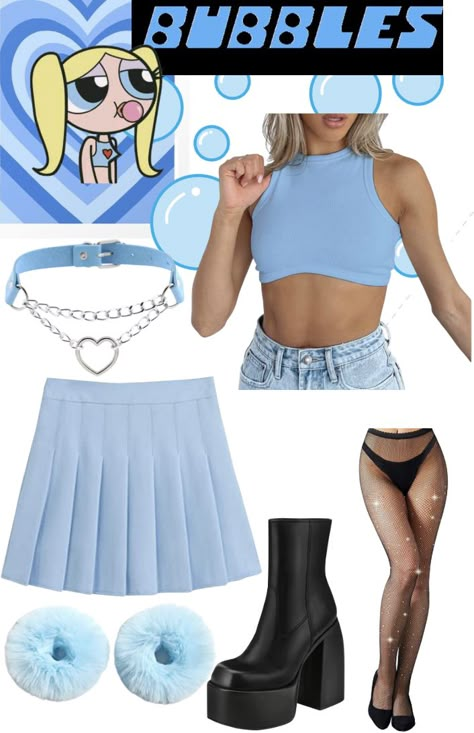 Bubbles powerpuff girl costume diy Bubbles Rave Outfit, Bubbles Halloween Costume Powerpuff, Bubbles Powerpuff Girls Costume, Bubbles Halloween Costume, Power Puff Girls Costume, Bubbles Powerpuff Costume, Bubbles Cosplay, Powerpuff Costume, Bubbles Costume