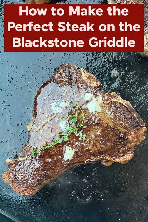 Learn how to cook steak on the Blackstone griddle with this easy recipe. Porterhouse steak, ribeye steak and New York steaks turn out perfect every time! via @meamel Black Stone Steak Recipes, Ribeye Steak Recipes Blackstone, Steak On The Blackstone, Blackstone Sirloin Steak Recipes, Blackstone Ribeye Steak, Ribeye On Blackstone Griddle, Best Steaks On Blackstone, Ribeye Blackstone, Steaks On The Blackstone