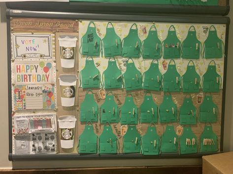 Starbucks Green Apron, Starbucks Recognition Board, Starbucks Appreciation Board, Starbucks Partner Board Ideas, Starbucks Green Apron Board Ideas, Green Apron Board Starbucks, Green Apron Board, Partner Appreciation, Starbucks Partner