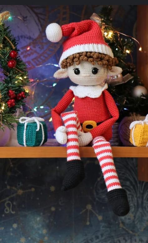 amigurumi inspiration | Does anyone know if there is a pattern for this elf | Facebook Crochet Shelf, Elf Pattern, Christmas Elf Doll, Crochet Christmas Gifts, Crochet Santa, Gift Crochet, Elf Doll, Santa Helper, Granddaughter Gift