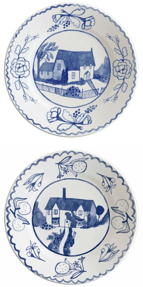 Plate Drawing, Painted Ceramic Plates, Cottage Pie, Pottery Handbuilding, White Pottery, Painted Plates, Blue Pottery, Ceramics Pottery Art, Pottery Designs