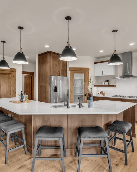 Perfectly crafted to create memories and good times.  With an island designed for entertaining and conversation, this kitchen is the centerpiece of the home. 🏝️  Discover the different island shapes and kitchen layouts that we can build for YOU!  #aspenhomes #aspen #bestofni #customhome #interiordesign #architecture #dreamhome #customhomebuilder #northidaho #homebuilder #customhomeconstruction #interiordesign #idahome #build #dreamhome #perfectspace Kitchen Island Hexagon, Triangle Island Kitchen, Triangle Kitchen Island, T Shaped Kitchen Island, Island Shapes, Kitchen Layouts, Create Memories, Island Design, Custom Home Builders