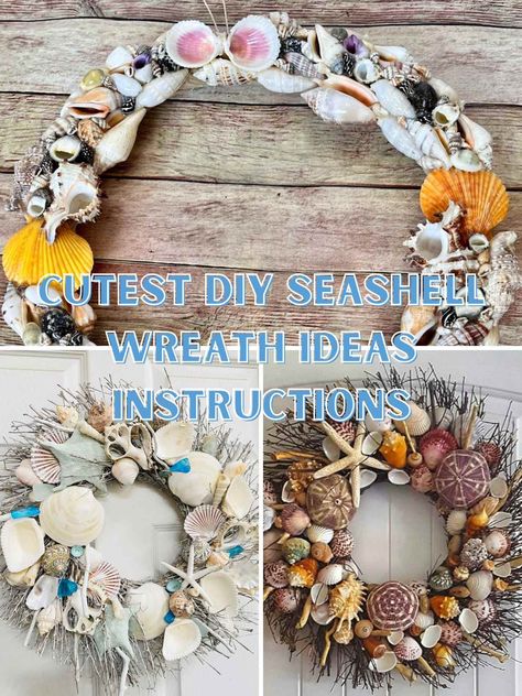 Cutest DIY Seashell Wreath Ideas & Instructions - Pink Pop Design How To Make A Seashell Wreath, Diy Seashell Wreath, Starfish Wreath Form Ideas, Diy Shell Wreath, Sea Shell Wreath Ideas Diy, Sea Shell Wreaths Ideas, Seashell Wreath Diy, Shell Wreath Diy Seashells, Seashell Projects Diy