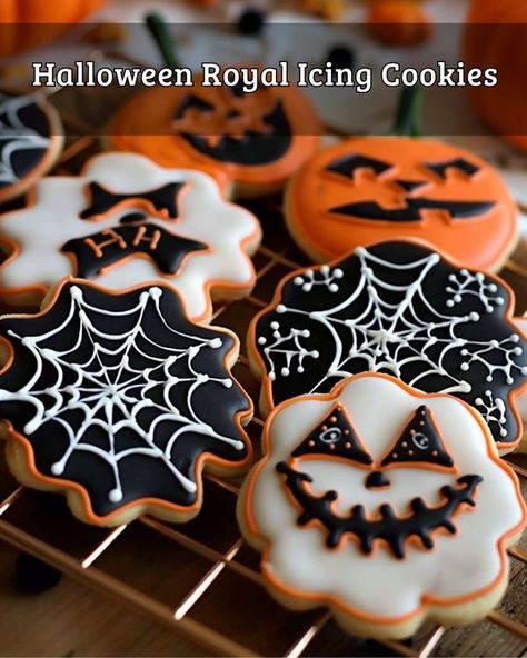 Quick Recipes | Halloween Royal Icing Cookies | Facebook Halloween Sugar Cookies With Royal Icing, Halloween Royal Icing Cookies, Halloween Cookies Royal Icing, Halloween Royal Icing, Halloween Cookie Designs, Halloween Cut Outs, Royal Icing Cookies Recipe, Halloween Sugar Cookies Decorated, Recipes Halloween