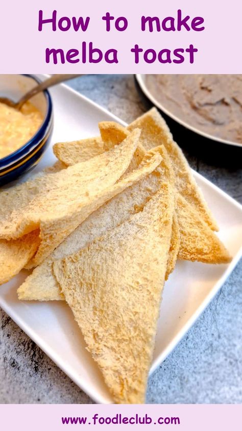 Slices of Melba toast on a white plate with bowls of dips in the background. Melba Toast Recipe, Deviled Egg Dip, Egg Dip, Melba Toast, Chicken Liver Pate, Sandwich Bread, Dip Recipe, White Bread, Slice Of Bread