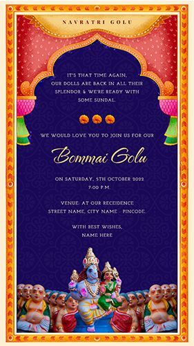 Navratri Golu Invitation | Bommai Golu - Kolu Invite for WhatsApp Navratri Invitation, Navratri Poster, Bachelorette Party Cocktails, Navaratri Golu, Ganpati Invitation Card, Caricature Wedding Invitations, Invitation Card Maker, Cradle Ceremony, Barbeque Party