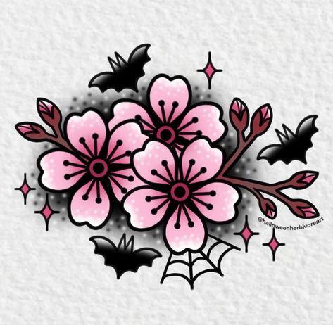 Colorful Goth Tattoo, Neo Traditional Flash Art, Pink Traditional Tattoo, American Trad Flower, Goth Flower Tattoo, Tattoo Portfolio Ideas, Small American Traditional Tattoo, American Traditional Flower Tattoo, Girly American Traditional Tattoo Ideas