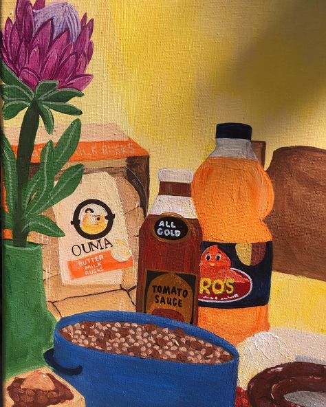 A South African Kitchen Table, 2024 Acrylic on canvas, 50x40cm Theme: South African Heritage When I thought about what truly underscored my understanding of South African heritage in the most positive light, I could not think of a better example than the foods we grew up eating and seeing around us. It makes us, as South Africans, both unique and united. Food is a medium for people to get together, collaborate, socialize, and is the foundation of our lives. This is especially true in Sout... Repetition Art, South African Culture, South African Heritage, African Kitchen, African Foods, My Culture, South African Art, Nigerian Food, South African Recipes