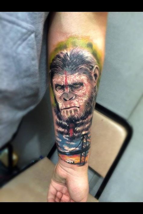 planet of the Apes tattoo Planet Of The Apes Tattoo, Apes Tattoo, Redemption Tattoo, Salvation Tattoo, Gorilla Tattoo, Monkey Tattoos, Movie Tattoo, Egypt Tattoo, 3d Tattoo