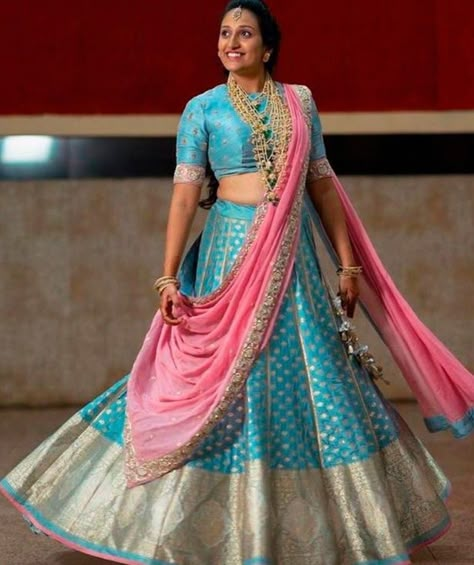 Banarsi Half Saree, Pink And Blue Half Saree, Blue Langa Voni, Blue Pattu Lehenga, Sky Blue Lehenga Combination, Lehenga Blouse Models, Sangeeth Dress Designs, Pattu Sarees For Bride, Blue Crop Top Lehenga