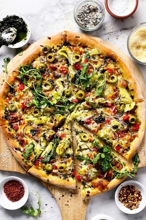 Mediterranean Pizza | foodiecrush.com Olive Pizza, Mediterranean Pizza, Red Pepper Recipes, Artichoke Pizza, Best Pizza Dough, Veggie Pizza, Foodie Crush, Vegetarian Pizza, Flatbread Pizza