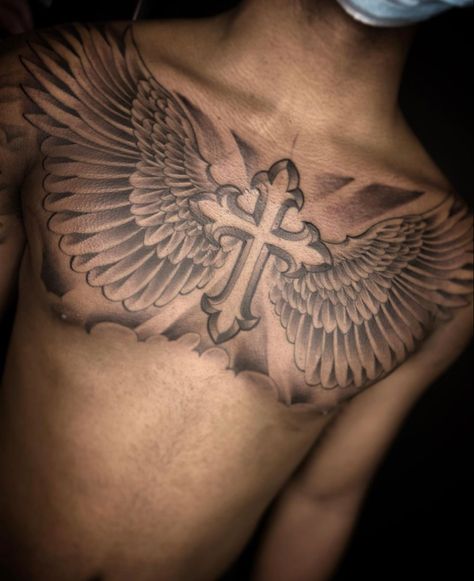 Wings Tattoo For Men, Chest Tattoos Men's Ideas, Tattoos For Guys Chest, Chest Tattoo Lettering, Tattoo Peito, Cross Tattoo Neck, Chest Tattoos For Men, Cross With Wings Tattoo, Wing Tattoo Men