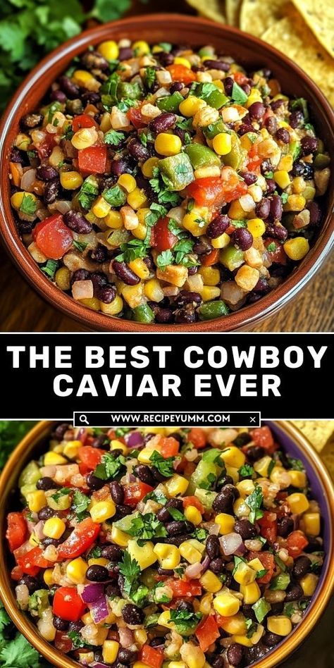 This vibrant, flavor-packed Cowboy Caviar is loaded with black beans, corn, fresh veggies, and a zesty dressing. Perfect as a dip, side dish, or topping—this crowd-pleaser is a must-try! Cowboy Caviar Lunch, Cowboy Bean Dip, Cajun Caviar Dip, Cowboy Caviar Pasta Salad, Cowboy Caviar Dressing, Cowboy Caviar Recipe Easy, Greek Cowboy Caviar, Southern Caviar Recipe, Cowboy Dip Recipe