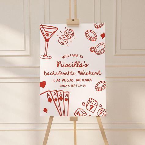 Introducing our Whimsical Hand-Drawn Style Viva Las Vegas themed "Casino Night" Vegas Bachelorette Welcome Sign Editable Template - the perfect way to set the tone for a joyous and intimate celebration. This charming template features delightful, hand-drawn illustrations that exude a playful elegance, ensuring your guests feel the love and excitement from the moment they step into your beach party. The fully editable color palette adds a touch of romance, while the funky whimsical design element Vegas Party Theme Decoration, Casino Party Themes, Old Vegas Theme Party, Casino Engagement Party, Las Vegas Decorations Ideas, Viva Las Vegas Party Theme, Casino Theme Wedding, Vegas Style Party, Vegas Party Theme