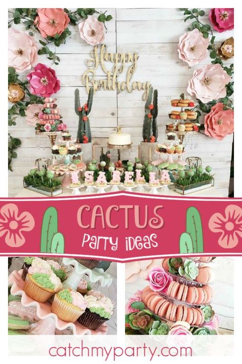 Take a look at this wonderful boho themed cactus 1st birthday party! The paper flower bacdrop is stunning! See more party ideas and share yours at CatchMyParty.com #catchmyparty #partyideas #cactusparty #bohoparty #girl1stbirthdayparty Pastel Cactus Party, Boho Fiesta Party, Succulent Party Theme, Desert Party Theme, Cactus Theme Birthday, Boho Graduation, Cactus Party Decor, Bday Themes, Boho Birthday Party