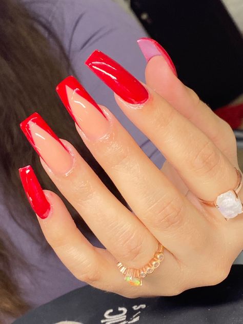 Red Nails Tapered Square, Red Nails Acrylic French Tip, Red V Tip Nails, Different Shades Of Red Nails, Christmas Nails Simple Classy Red, Basic Red Nails, Red Nail Designs Prom, Red Tapered Square Nails, Red French Tip Nails Coffin