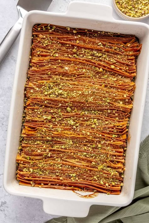 This crinkle cake, soaked with custard and topped with pistachios, is a viral recipe and is fun to make and even better to eat! Phyllo Dough Cake, Phyllo Crinkle Dessert, Phyllo Dough Desserts, Crinkle Cake Phyllo, Phyllo Dough Recipes Dessert, Phyllo Crinkle, Phyllo Pastry Recipes, Crinkle Cake, Philo Dough