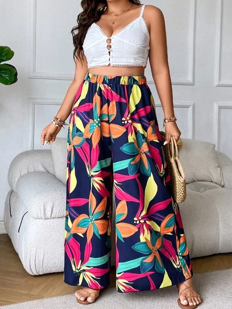 Plus Floral Print Wide Leg Pants | SHEIN USA Wide Leg Pants Plus Size, Cropped Plus Size, Printed Wide Leg Pants, Boho Pants, 1990's Fashion, Moda Plus, Plus Size Pants, Fabric Floral, Pantalon Large