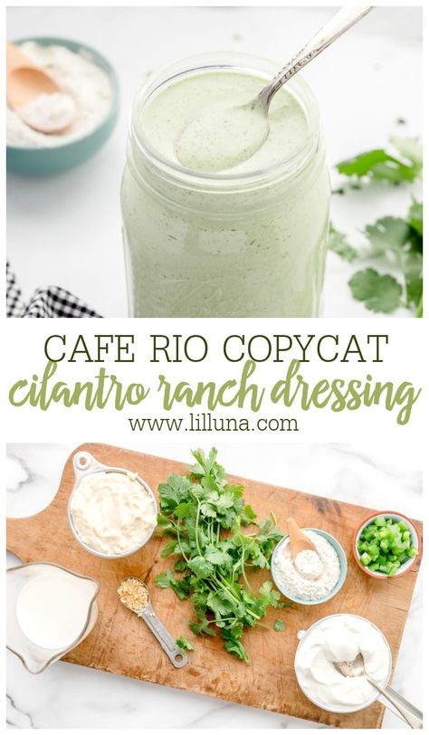 Copycat recipe for Café Rio's Cilantro Ranch Dressing is fresh and creamy with a hint of spice. We LOVE this stuff! #cilantroranchdressing #caferio #cilantro #copycatrecipe #dressing Cilantro Ranch Dressing Recipe, Cafe Rio Dressing, Cilantro Ranch Dressing, Cilantro Ranch, Cafe Rio, Cilantro Dressing, Ranch Dressing Recipe, Salad Dressing Recipes Homemade, Homemade Ranch Dressing