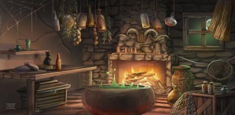 Witch hut by lukkar on DeviantArt Witch Concept Art, Witch Concept, Interior Concept Art, Witch Hut, Book Illustration Layout, Scene Room, Group Art Projects, Witch Room, Witch Cottage